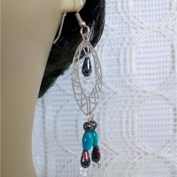 Silver Toned Chandelier Earrings, Hematite Jewelry, Long Dangle Earrings Women - Picture 7 of 9